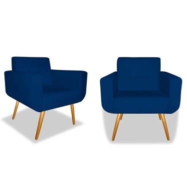 Imagem de Kit 02 Poltronas Decorativa Anitta Pés Madeira Suede Azul Marinho