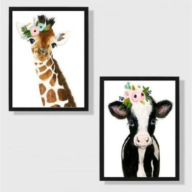 Imagem de Kit 2 Quadros Animais Girafinha E Vaquinha 24X18Cm Preto