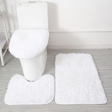 Imagem de Tapete de banho 3 peças/conjunto de pelúcia capa de banheiro almofada de pés absorvente antiderrapante capacho de banheiro de flanela macia tapete de banho, branco puro