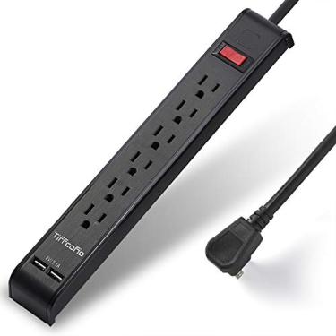 Imagem de Protetor de sobretensão com 6 saídas e 2 portas USB, cabo de extensão de 10 metros, tira de tomada plana, proteção contra surtos de 1000 Joules, montagem na parede para casa, escritório e dormitório, listado pela ETL, preto