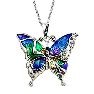 Imagem de DianaL Boutique Silvertone Colar com pingente de borboleta colorido 61 cm Corrente de aço inoxidável