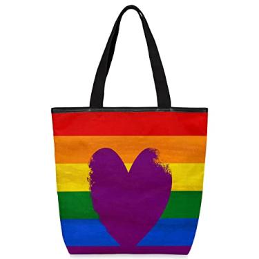 Imagem de Lgbt Love Heart Bolsa de lona feminina com zíper, sacola grande, reutilizável, bolsa de compras, listrada, arco-íris, bolsa de praia, bolsa de ombro para trabalho, escola, academia, Multi