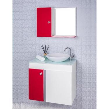 Imagem de Gabinete Para Banheiro Branco E Vermelho Com Cuba Branca E Armario Com