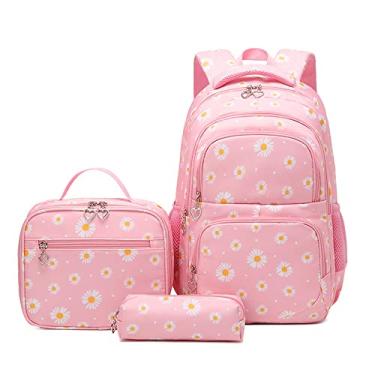 Imagem de Kit de Mochila Escolar Juvenil Menina Estojo Lancheira Mochila Escolar Infantil Impermeável de Grande Capacidade para estudante viagem (Rosa)