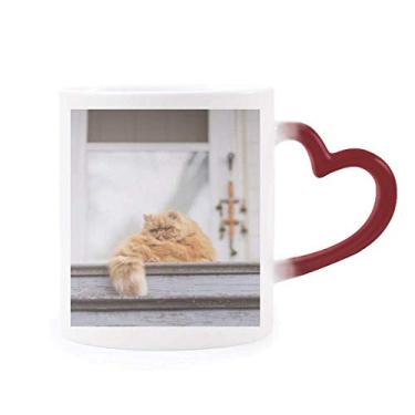 Imagem de Caneca de grés com foto de gato Fat Garfield sensível ao calor que muda de cor vermelha