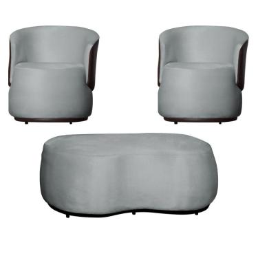 Imagem de Kit 2 Poltronas e 1 Puff Grande Design Orgânico Beatriz Veludo Composê Corino Marrom - Estopar