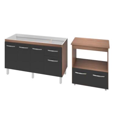 Imagem de Armário Gabinete pia de 140 cm Camile com Balcão multiuso micro-ondas Forno Elétrico Ângela Savana frente preta