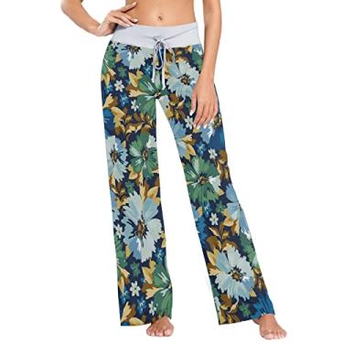 Imagem de JUNZAN Calça de pijama feminina floral botânica, calça de pijama longa, calça com desenho elástico PP, Padrão de prado de primavera, G