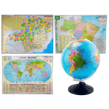 Imagem de Kit Globo Terrestre Studio 30cm + Mapa de Minas Gerais + Mapa do Brasil + Mapa Mundi Edição Atualizada