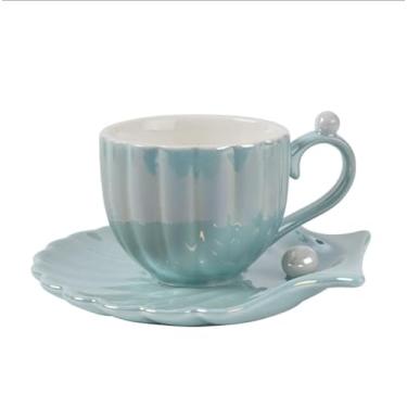 Imagem de Copo de cerâmica, conjunto de pratos de concha, copo de casal, copo de café da manhã criativo para escritório em casa, xícara de café (azul)