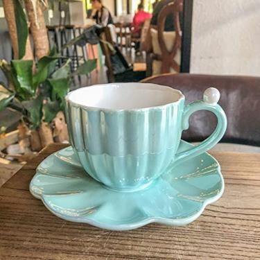 Imagem de Conjunto de chávena criativa de concha de pérola com pires conjunto de chá de cerâmica europeia pequena chique xícara de café xícara de chá de escritório