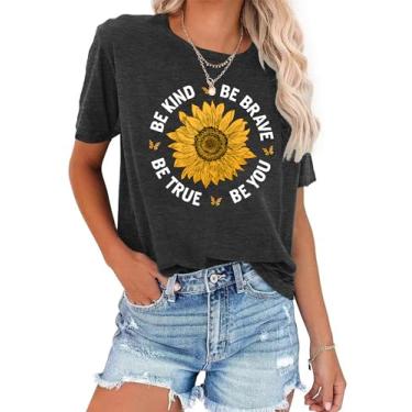 Imagem de Camisetas femininas com estampa de flores de girassol camisetas inspiradoras casuais Faith Shirt Tops, Cinza escuro, G