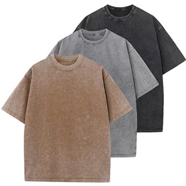 Imagem de Camisetas masculinas de algodão grandes folgadas vintage lavadas unissex manga curta camisetas casuais, Preto + cinza + areia, XXG