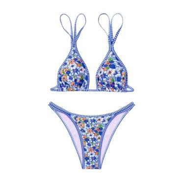 Imagem de MakeMeChic Conjunto de biquíni feminino de duas peças, floral, triângulo, corte alto, laço lateral, Floral azul, P