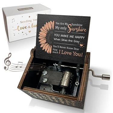 Imagem de Hcaredee Caixa de música de girassol You are My Sunshine mecanismo de madeira caixas musicais fofas pequenas caixa de lembrança vintage presentes para meninas mulheres mãe meninos kit esposa-preta