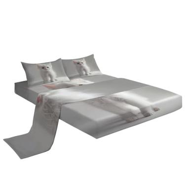 Imagem de Eojctoy Jogo de cama king com estampa de gato angorá turco de microfibra super macia, 4 peças, conjunto de cama cinza, 1 lençol com elástico, 1 lençol com elástico e 2 fronhas, 40 cm de profundidade