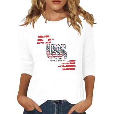 Imagem de Camisetas femininas 4th of July Star Stripes USA Festival Blusa manga 3/4 bandeira americana moda verão 2024, Bege, G