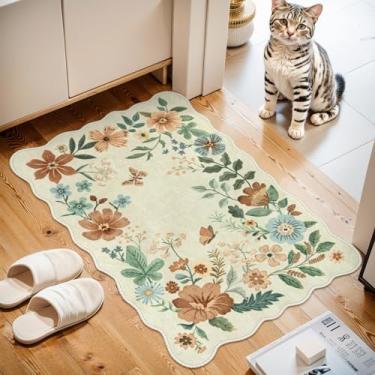 Imagem de Lahome Tapete floral pequeno, tapetes de cozinha 2X3 antiderrapante lavável ultrafino, tapete de porta frontal macio entrada interna resistente a manchas Boho tapete de entrada baixa para banheiro