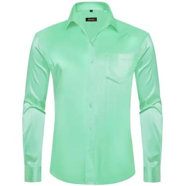 Imagem de DiBanGu Camisa social masculina manga longa cetim liso ajuste regular casual camisa de botão para festa de casamento formal, Cetim verde menta, XXG