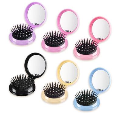 Imagem de MoHern 6 mini escovas de cabelo dobráveis, compactas para viagem, com espelho de maquiagem, adequadas para vários tipos de cabelo, em cores: Azul, Roxo, Amarelo, Preto, Rosa e Rosa Claro