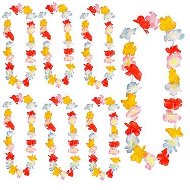 Imagem de The Dreidel Company Leis de flores havaianas, colares coloridos de plástico tropical Luau, artigos de festa e decorações, lembrancinhas de festa havaianas, crianças e adultos (pacote com 12), Plástico