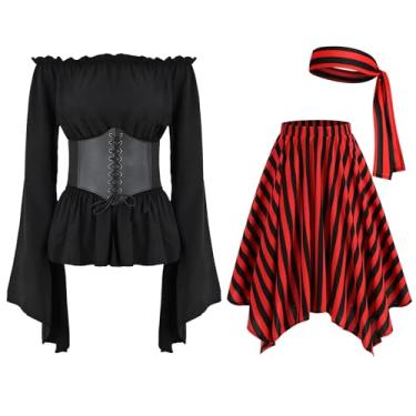 Imagem de IMEKIS Pirate Costume Women: Adult Halloween Costumes Woman 2024 Renaissance Pirate Blouse Tops Corset Waist Belt Pirate Skirt Red and Black Striped Headscarf Party Dress Up Cosplay Black X-Large