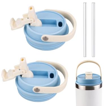 Imagem de ziHenryDa Tampa compatível com copo Stanley IceFlow de aço inoxidável de 590 ml, 850 g, à prova de vazamento, resistente a respingos, tampa de copo reutilizável, com 2 canudos (branco) (2, azul claro)