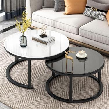 Imagem de Mesa de centro moderna para sala de estar Conjunto de mesa de centro aninhada com 2 mesas laterais empilháveis ​​Tampo de mesa de vidro temperado liso para sala de estar, mesas redondas de s