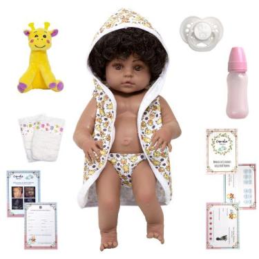 Imagem de Bebe Reborn Negra Linda Girafa Roupão Enxoval 13 Acessórios - Cegonha 