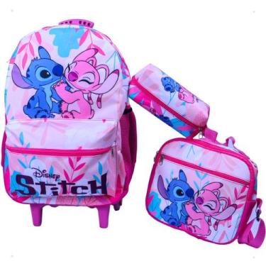 Imagem de Kit Mochila Rodinha Estojo Lancheira Escolar Lilo Stitch