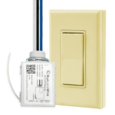 Imagem de RunLessWire Conjunto de interruptor de luz sem fio e relé sem bateria com controle remoto de alcance RF de 45,7 m, alimentado por Kinetic Energy, kit de polo único faça você mesmo: 1 receptor liga