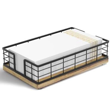 Imagem de Wican Suporte de toalha de hóspede bandeja para banheiro, suporte de guardanapos de carvalho e ferro para lavabo mesa de jantar cesta de madeira para toalhas de mão de papel descartáveis preto e