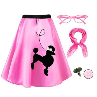 Imagem de Knemksplanet Saias midi poodle femininas dos anos 50, 4 peças, acessórios de fantasia dos anos 50, cachecol e brincos de bolinhas, rosa, Large