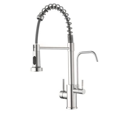 Imagem de POPFLY Torneira de cozinha com torneira de água potável, torneira 3 em 1 com torneira de água purficada, torneira de filtro de água de cozinha com mola de 2 alças, níquel escovado