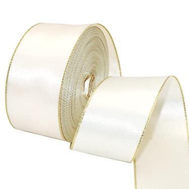 Imagem de David accessories Fita de cetim branca antiga com bordas douradas 3,8 cm de largura, 20 jardas, fitas de tecido de borda dourada para embrulho de presente, artesanato faça você mesmo, decoração de Natal, convites de arcos de guirlanda (branco antigo)