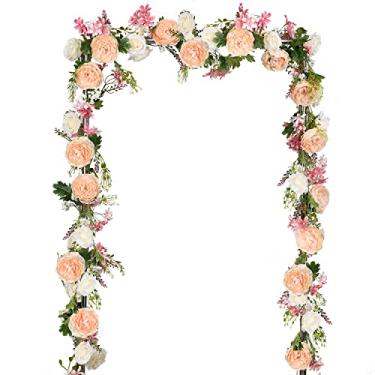 Imagem de DearHouse 2 Pacotes de Guirlanda de Flores de Peônia Artificial-Guirlanda de Peônia de Seda com Flores Rosa e Brancas para Decoração de Mesa de Festa de Casamento, 6 Pés/Fio