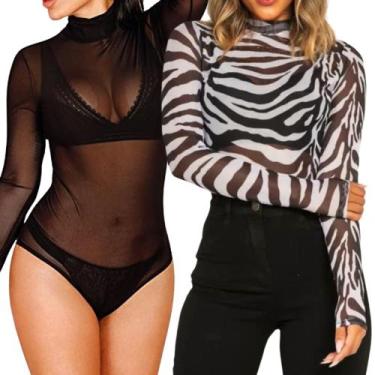 Imagem de Kit 2 Body Blusa Transparente Estampa Zebra + Preto Liso Feminino Mang