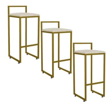 Imagem de Kit 03 Banqueta Alta Industrial 0,78 cm Metal Dourada Linho Cru - Vall