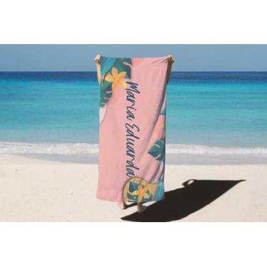 Imagem de Toalha de Banho Verão Praia Fundo Rosa Personalizado Nome Maria Eduard