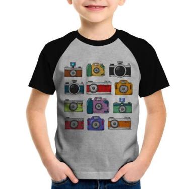 Imagem de Camiseta Raglan Infantil Câmeras Retrô - Foca na Moda, Cinza, Preto, 1