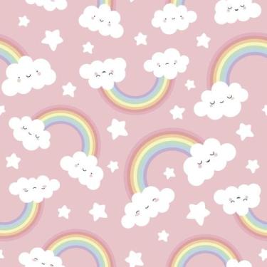 Imagem de Papel De Parede Adesivo Nuvens Fofinhas Arco-iris Rosa Quarto Infantil
