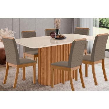 Imagem de Conjunto: Mesa Sala Jantar Solana SC68 Tampo Madeirado c/ Vidro Canto Curvo 160x90cm e 6 Cadeiras Isa Nature/Suede Light Bege - Henn