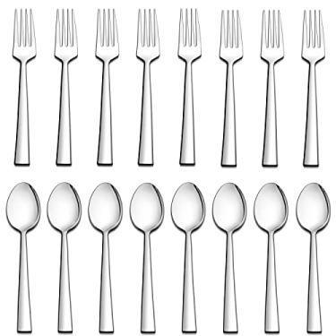 Imagem de LIANYU Conjunto de Talheres de 16 Peças com Garfos e Colheres, 8 Garfos de Sobremesa(6,7") e 8 Colheres de Chá(6,7"), Talheres Quadrados de Aço Inoxidável para Cozinha Doméstica e (, Prata)