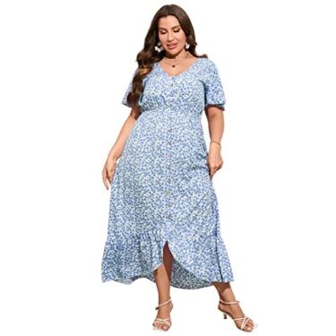 Imagem de KOJOOIN Vestido de verão plus size para mulheres, manga de sino, gola V, botão e bainha com babados, vestido maxi floral alto e baixo, Floral-azul-claro, 5G