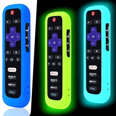 Imagem de Pacote com 3 capas remotas para Roku, capa de bateria para controle remoto TCL Roku Smart TV, capa remota de silicone para controle de proteção da Roku TV, capa universal que brilha no escuro, verde céu e azul