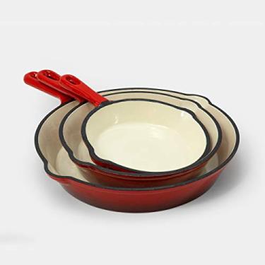 Imagem de EXCELSTEEL Conjunto de frigideiras de ferro fundido com 3 peças, revestimento esmaltado vermelho, perfeito para fogão doméstico e delicioso conjunto de frigideiras de cozinha ao ar livre