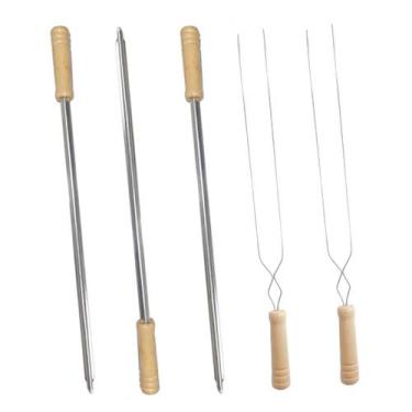 Imagem de Kit 5 Espetos Simples E Duplo Inox Cabo Madeira Churrasco - Araminas