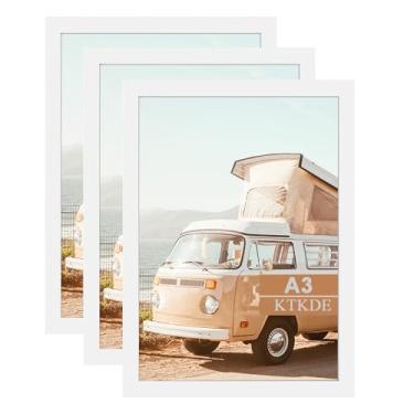 Imagem de KTKDE Moldura para pôster A3, moldura branca de madeira - 29,7 x 42 cm, conjunto de 3 unidades, moldura de certificado com acrílico para montagem na parede ou mesa