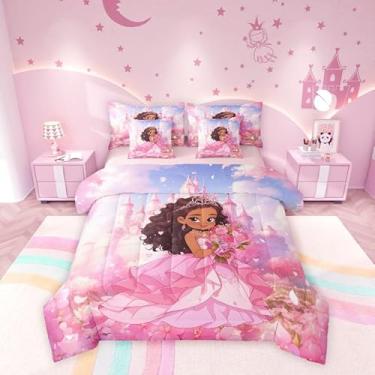 Imagem de Jogo de cama casal de princesa negra, jardim de conto de fadas, floral, castelo dos sonhos, rosa com 1 edredom, 2 fronhas, 2 fronhas, 1 lençol de cima, 1 lençol com elástico