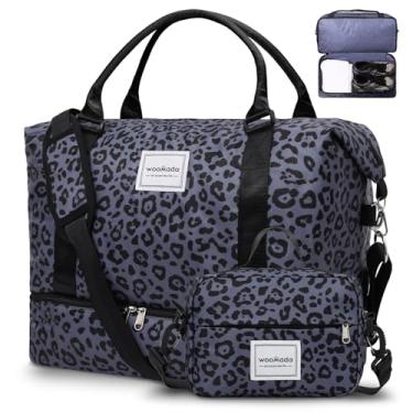 Imagem de WOOMADA Bolsa de fim de semana para mulheres, bolsa de viagem com compartimento para sapatos, bolsa noturna com bolsa de higiene pessoal tamanho grande, Leopardo preto
